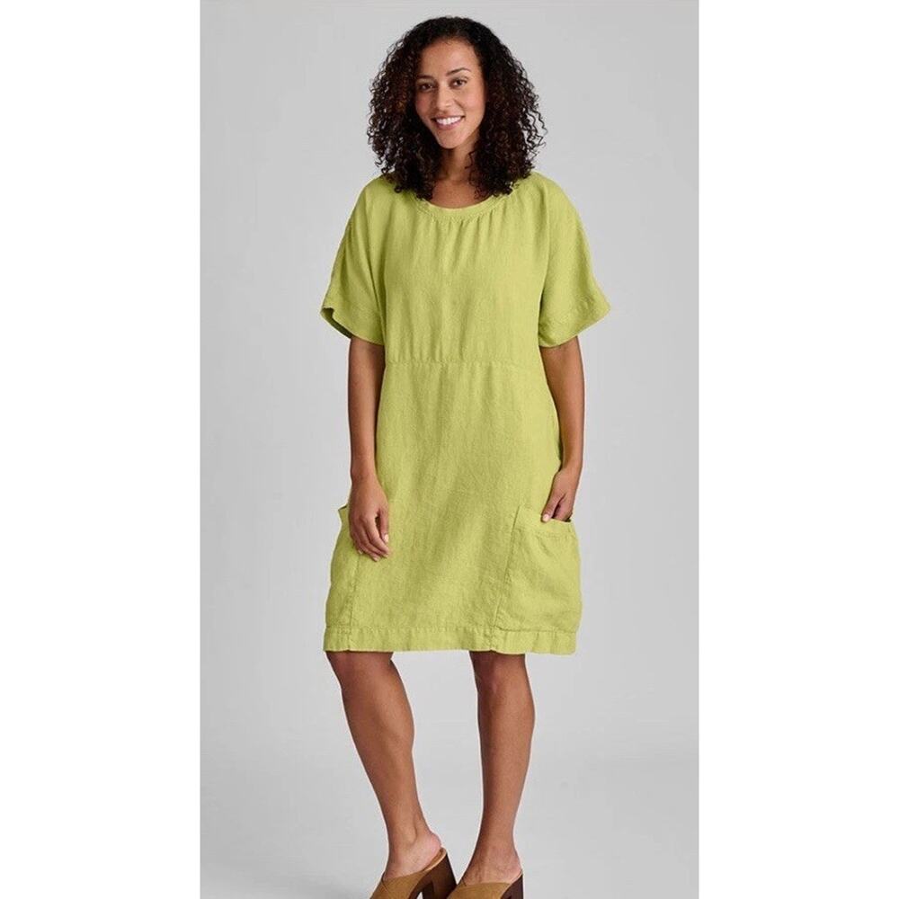 Flax Linen Sunnyside Dress Key Lime Green Lagenlook Boho Relaxed Plus Size 2G